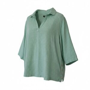 Tahari Linen Blend Top Button Detail 3/4 Sleeve Collared 1X Mint Green‎ Pull-On